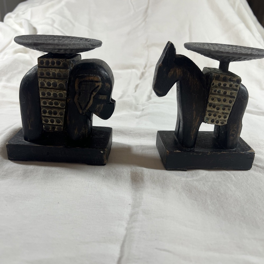 Vintage Carved Wood Horse & Elephant Candle Holders Set Brass Accents Folk Art